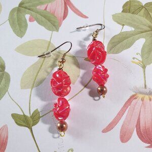 Red Rose Beaded Dangle Earrings With Gold Accents & Fishhook Backings